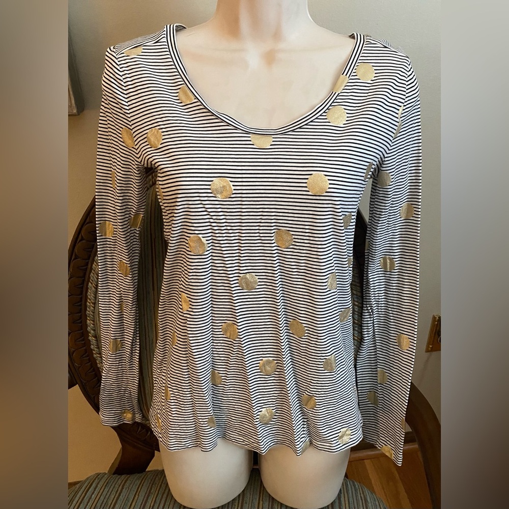 LOFT Black and White Striped Top with Gold Dots